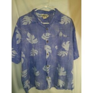 Vintage Hawaiian Tropic Mens Hawaiian‎ Shirt Leaf Print Button Up Casual Blue L